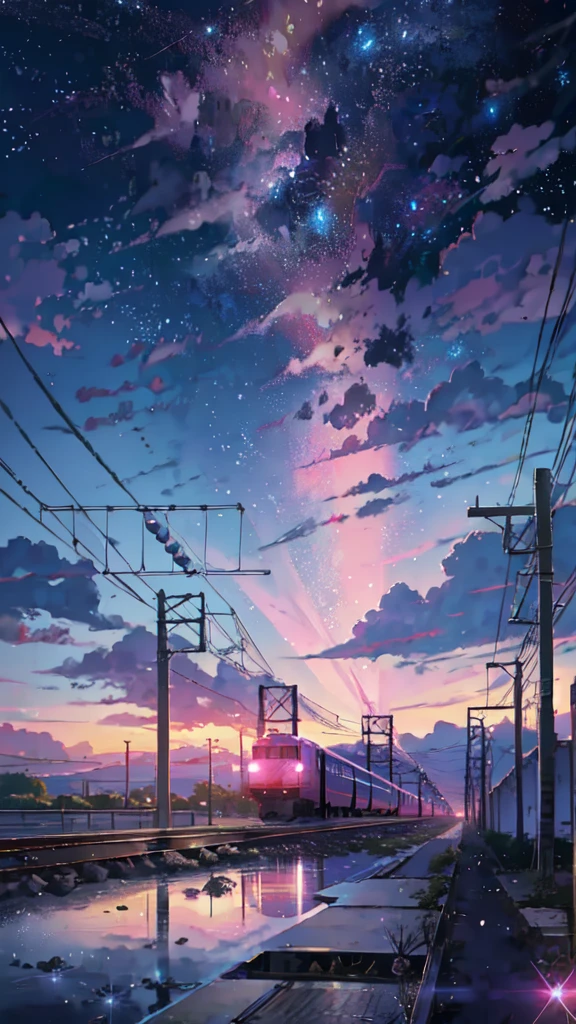 Anime train crossing track in sky background, beautiful and harmonious scene, exquisite animation, rich details (width is 672), high quality, clarity 4k, artistic 4k wallpaper, stunning anime landscape, 8k art wallpaper.