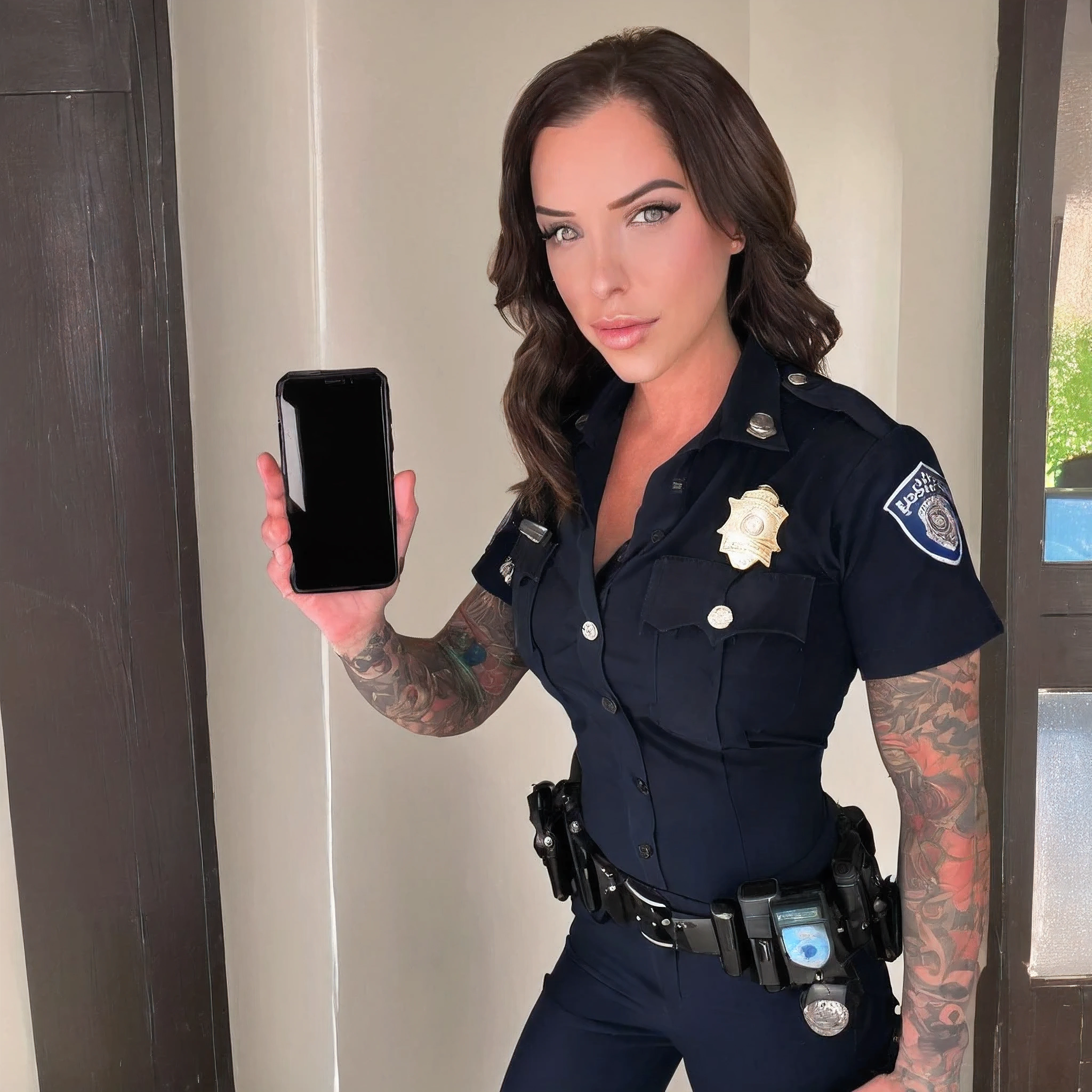 Laurence bedard in a police uniform holding a cell phone, wearing a police uniform, police officer, police lights shine on her face, brave police j decker face, officer, bodycam, police uniform, full body camera shot, in black uniform, bodycam footage, sparkling-eyes, perfect-eyes, full-lips, perfect-lips, stunningly-beautiful, high-saturation, 35mm-raw-photo, dynamic-composition, intense-expressions, cop, police