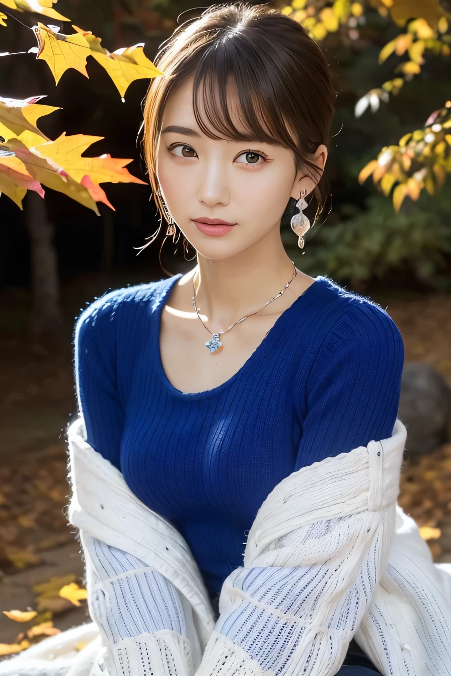 (masterpiece:1.3), High resolution, Super detailed, Highly detailed CG Unity 8k wallpaper, Realistic, photo-Realistic, RAW Photos, (Beautifully detailed face), Pale skin, Realistic skin, Detailed cloth texture, Detailed hair texture, Supermodel, Beautiful Face, Accurate, Anatomically correct, Highly detailed face and skin texture, Natural neck length, Shiny little necklace, earrings and bracelet, (Beautiful Hands), (Fair skin:1.2), Thin legs, Thin legs, Sexy thighs, 
break, 
Fine grain, Symmetrical eyes, Brown eyes, double eyelid, Thin eyebrows, (Glossy lips:1.4), (Pretty face:1.2), 
break, smile、
(Very cute girl:1.3), ((She wears a white knitted long coat over a royal blue top:1.3)), (hot pants:1.2), (Strap sandals), 
Medium large breasts, (Hard chest, Shapely breasts, Slim figure:1.1), 
(Layered Hairstyles, Dark brown hair, Wavy Hair), (Medium Long Hair:1.2), 
break, 
(squat and lean forward、Reaching out:1.2), (In the ginkgo tree avenue:1.2), ((Landscape of autumn leaves:1.3)),
((in the '嵐山' of '京都' in Japan:1.2)), (Cowboy Shot:1.2), ((View Viewer:1.2)), (from the front:1.1),