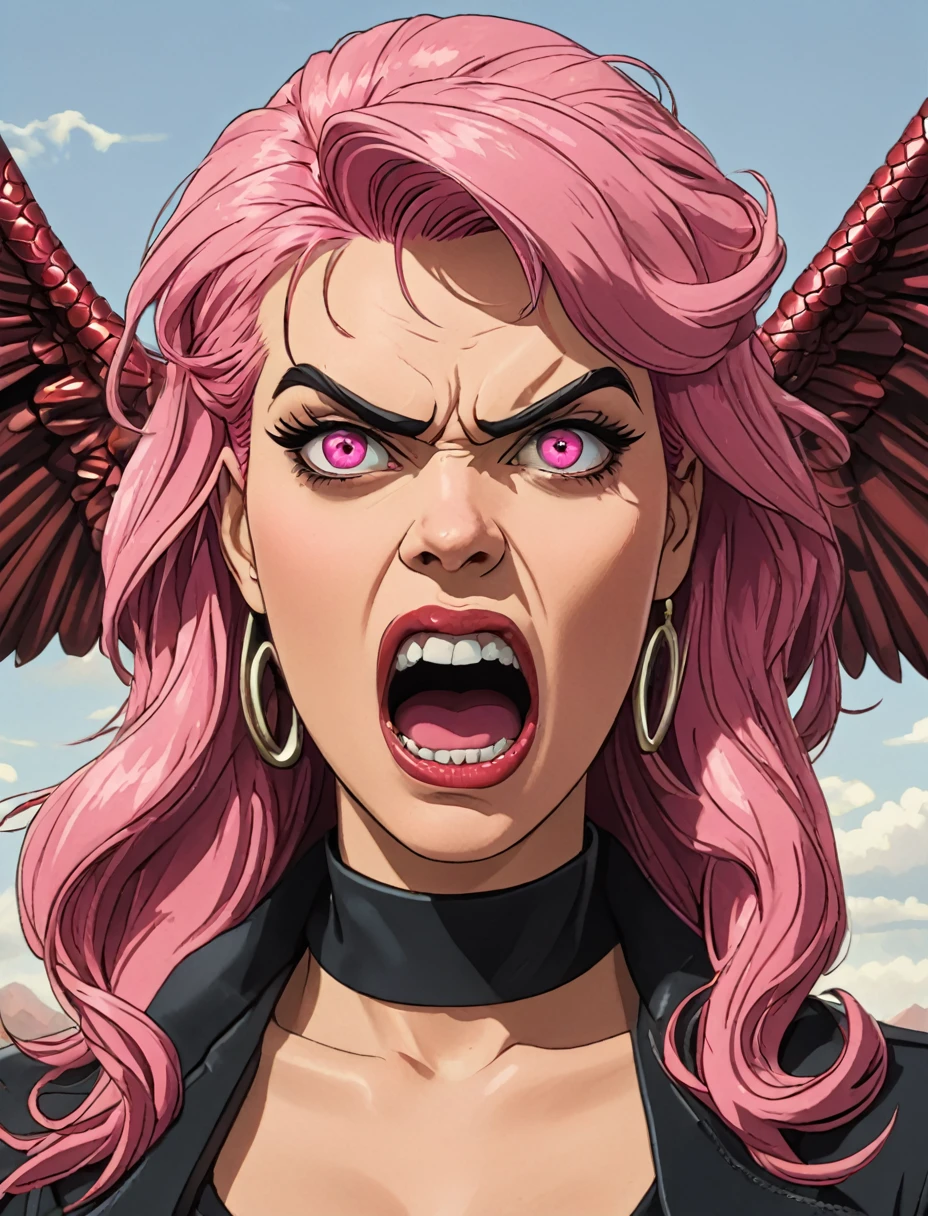 pink hair, medium hair, hair one side up, swept bangs, halo, devil wings, snake pupils, devil pupils, angry, open mouth, Surrealism, modern, Style of Alberto Vazquez , UHD, high details, 16k