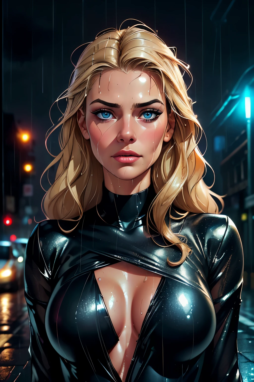 (8k, RAW photo, 最high quality, masterpiece:1.2), High-definition RAW color photo, Professional photo shoot, cinematic light, alone, (((young woman))), (detailed expression), (round eyes), (small face), (high detail skin:1.2), clavicle, cute face, beautiful appearance, long eyelashes, (blonde, long wavy hair, blue eyes), (slim body shape:1.4), Very detailed face and skin texture, fine eyes, double eyelid, ((dark and moody, Storm Weather, soaking wet woman, wet and disheveled hair, Lonely neon light, reflective puddle, cityscape, heavy rain, soft shine, street, blurry light, blurry atmosphere, dramatic shadow, wet pavement, sparkling reflections, Lonely, city night view, wet hair, silhouette, flickering street lights, raindrop, gloomy atmosphere)), beautiful skin, shiny skin, perfect fingers, five fingers, anatomically correct, background bokeh, high quality, surreal, bright colors, ((nikon, 135㎜, f/1.8, very detailed, photo shoot)),