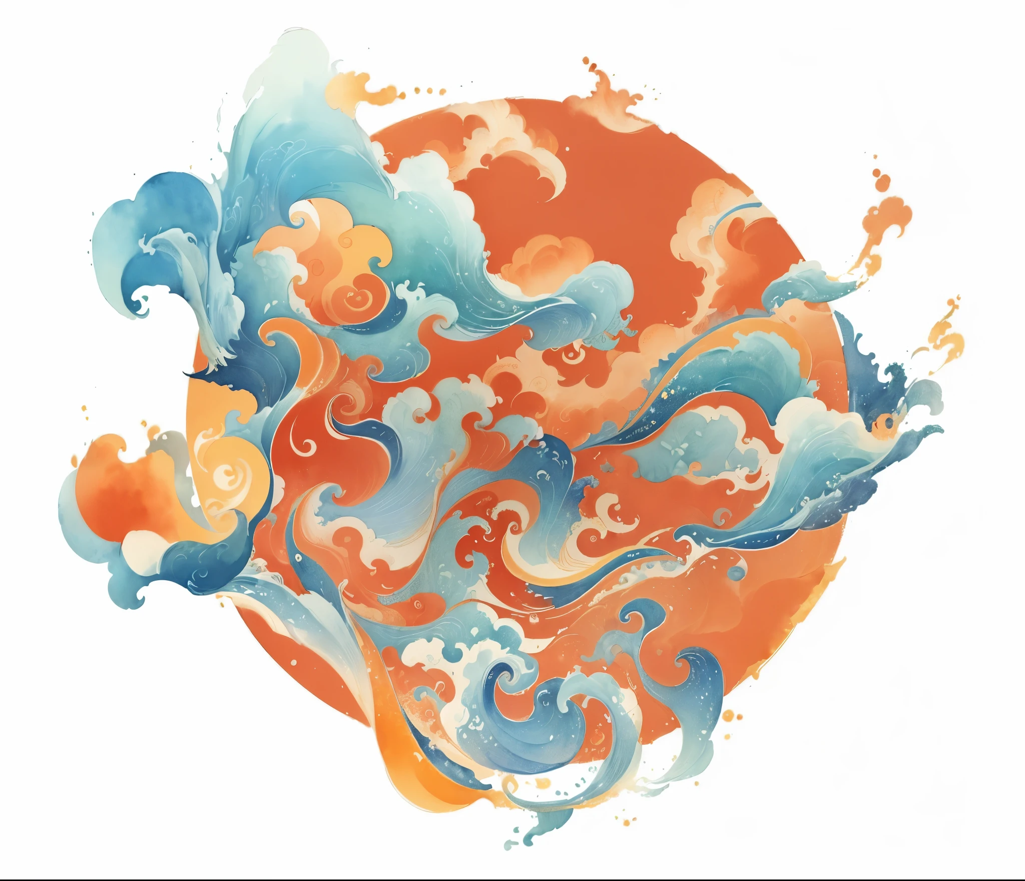 A flat illustration depicting auspicious clouds and a sea with Chinese elements. The watercolor illustration features an orange circular background. Inside the orange circle with blue edges on a white background, there are Chinese-style watercolor waves.