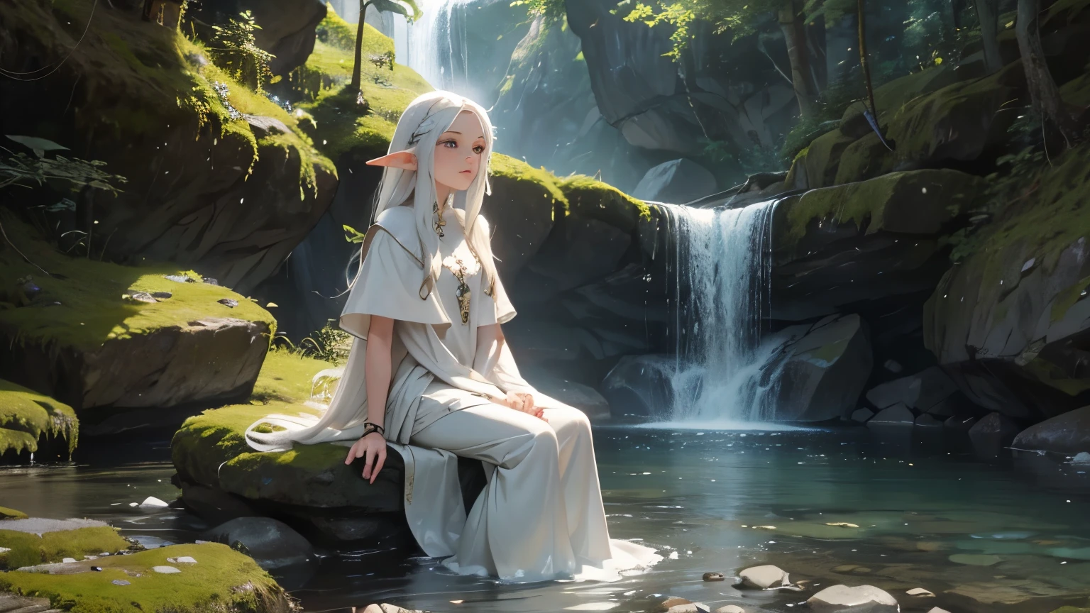 A fantasy clearing with a small waterfall and rock to go under it, an elf with long white hair and white clothes is sitting on a rock on the background