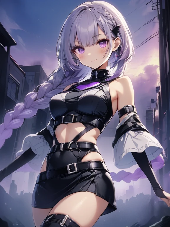 (masterpiece:1.2, incredibly detailed, anime style:1.4, anime, high contrast, masterpiece:1.2, highest quality, best aesthetic), two girls, 2 girls back-to-back, random poses, (girl on the right, short hair, white top, black chest guard, smiling), (girl on the left, cyber suit, detached sleeves, exposed shoulders, black top, silver chest guard, energy disk on chest, black miniskirt, belt connecting left and right sleeves, black cyber suit with purple accents, ((white and purple gradient hair:1.4, braided long hair, black and white hair accessories:1.2, dark purple bangs:1.1, asymmetric bangs)), purple eyes, double eyelids, detailed face, loose braids, unconcerned expression, kind), dark color palette, dark alleyway, night, cyberpunk city, lens flare, perfect anatomy.highres