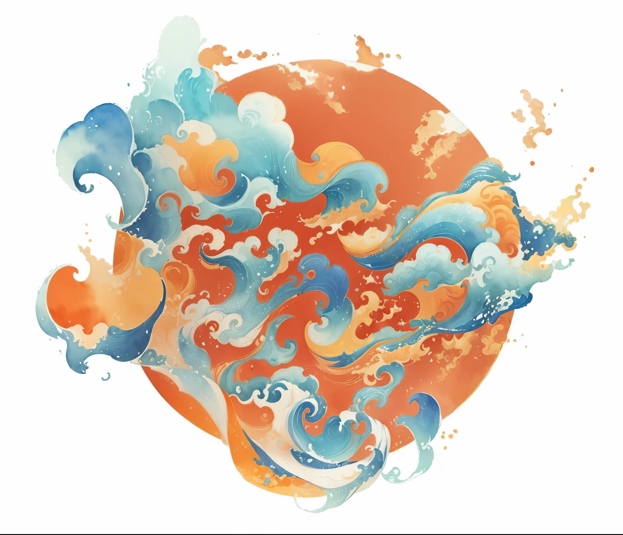 A flat illustration depicting auspicious clouds and a sea with Chinese elements. The watercolor illustration features an orange circular background. Inside the orange circle with blue edges on a white background, there are Chinese-style watercolor waves.