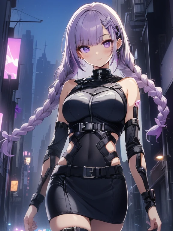 (masterpiece:1.2, incredibly detailed, anime style:1.4, anime, high contrast, masterpiece:1.2, highest quality, best aesthetic), two girls, 2 girls back-to-back, random poses, (girl on the right, short hair, white top, black chest guard, smiling), (girl on the left, cyber suit, detached sleeves, exposed shoulders, black top, silver chest guard, energy disk on chest, black miniskirt, belt connecting left and right sleeves, black cyber suit with purple accents, ((white and purple gradient hair:1.4, braided long hair, black and white hair accessories:1.2, dark purple bangs:1.1, asymmetric bangs)), purple eyes, double eyelids, detailed face, loose braids, unconcerned expression, kind), dark color palette, dark alleyway, night, cyberpunk city, lens flare, perfect anatomy.highres