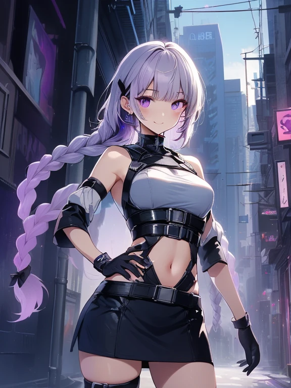 (masterpiece:1.2, incredibly detailed, anime style:1.4, anime, high contrast, masterpiece:1.2, highest quality, best aesthetic), two girls, 2 girls back-to-back, random poses, (girl on the right, short hair, white top, black chest guard, smiling), (girl on the left, cyber suit, detached sleeves, exposed shoulders, black top, silver chest guard, energy disk on chest, black miniskirt, belt connecting left and right sleeves, black cyber suit with purple accents, ((white and purple gradient hair:1.4, braided long hair, black and white hair accessories:1.2, dark purple bangs:1.1, asymmetric bangs)), purple eyes, double eyelids, detailed face, loose braids, unconcerned expression, kind), dark color palette, dark alleyway, night, cyberpunk city, lens flare, perfect anatomy.highres