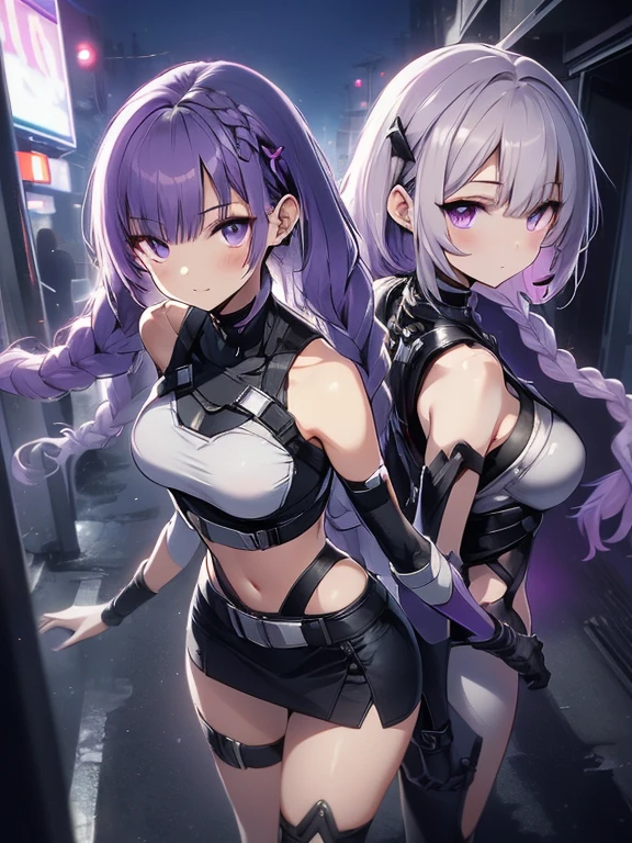 (masterpiece:1.2, incredibly detailed, anime style:1.4, anime, high contrast, masterpiece:1.2, highest quality, best aesthetic), two girls, 2 girls back-to-back, random poses, (girl on the right, short hair, white top, black chest guard, smiling), (girl on the left, cyber suit, detached sleeves, exposed shoulders, black top, silver chest guard, energy disk on chest, black miniskirt, belt connecting left and right sleeves, black cyber suit with purple accents, ((white and purple gradient hair:1.4, braided long hair, black and white hair accessories:1.2, dark purple bangs:1.1, asymmetric bangs)), purple eyes, double eyelids, detailed face, loose braids, unconcerned expression, kind), dark color palette, dark alleyway, night, cyberpunk city, lens flare, perfect anatomy.highres