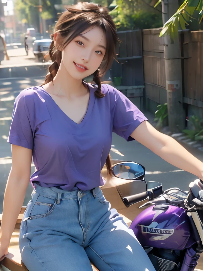 (masterpiece:1.3), (8k, Realistic, RAW Photos, highest quality:1.4), (Realistic face), (Brown Hair, Single braided hair:1.3), Beautiful Hairstyles, Realistic eyes, Beautiful little blue eyes, (Realistic skin), (Beautiful Skin), (((Riding a motorcycle outdoors))), charm, Ultra-high resolution, Golden Ratio, Long limbs、((smile)), ((Full Body Shot)), ((((Purple short sleeve t-shirt))))、((Jeans and sneakers))