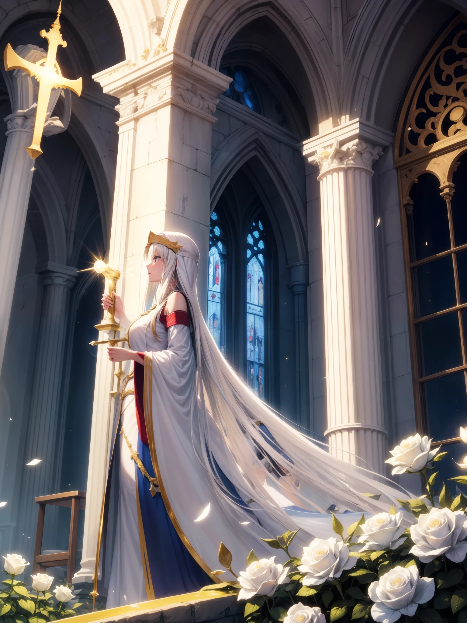 A magnificent church、Legendary Heroine、Holy Light Heroine、The Warrior Who Defends Purity、Legendary pure white armor、Legendary Pure White Sword、white rose、Apostle of Justice、