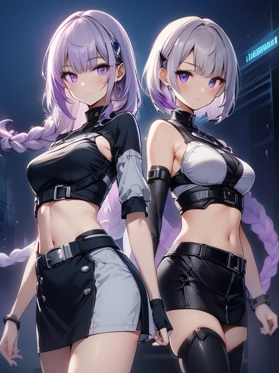 (masterpiece:1.2, incredibly detailed, anime style:1.4, anime, high contrast, masterpiece:1.2, highest quality, best aesthetic), two girls, 2 girls back-to-back, random poses, (girl on the right, short hair, white top, black chest guard, smiling), (girl on the left, cyber suit, detached sleeves, exposed shoulders, black top, silver chest guard, energy disk on chest, black miniskirt, belt connecting left and right sleeves, black cyber suit with purple accents, ((white and purple gradient hair:1.4, braided long hair, black and white hair accessories:1.2, dark purple bangs:1.1, asymmetric bangs)), purple eyes, double eyelids, detailed face, loose braids, unconcerned expression, kind), dark color palette, dark alleyway, night, cyberpunk city, lens flare, perfect anatomy.highres