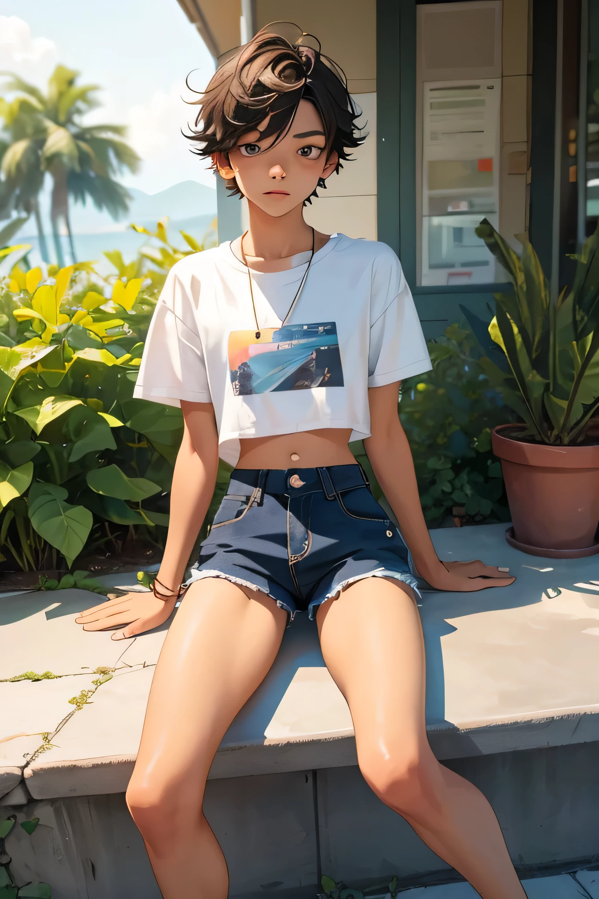 Teenage boy 15 years old, the boy is wearing a cropped shirt and too very much short mini shorts, the boy's legs are long and beautiful, his legs are very tanned, hot summer, top quality