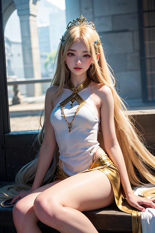 Young woman with long, flowing golden hair Looks like a goddess, aged 15-16, wearing white village clothes. Glowing golden eyes