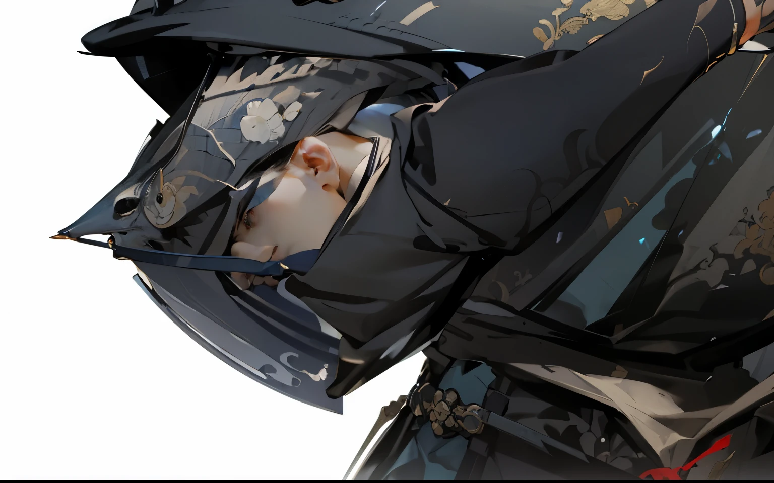 high quality, ，Meticulous portrayal，Clear structure，Flying fish suit，Headhunter，One-handed sword，Wipe mouth with one hand，Overlooking角，Clear structure的，Clear fingers，Precise construction，Flying fish suit，Bow your head，Overlooking，clothing，Raised arm，