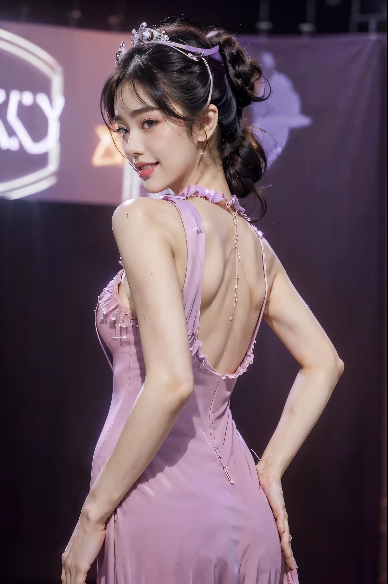 (Extremely meticulous CG),(((8k))),wallpaper,(Portrait above the chest:1.3),((Extremely refined and beautiful)),(((Masterpiece))),(((best qualtiy))),(((Ultra High Resolution))),beautiful light up,realistic shaded,(Smooth and flawless fair skin:1.5),(Extremely exquisite facial details:1.2),(ultra-detailed:1.5),((a beautiful girl,solo)),(Japanese teenage idol:1.3),(princess crown:1.3),(short ponytail:1.2),(bangs:1.3),(small head:1.2),(slender face:1.2),(Exquisite makeup:1.3),(smiling:1.2),(laughing:1.2),(blush:1.5),(perfect body:1.1),(collar:1.2),(Maxi dazzling purple Lolita one-piece dress:1.5),((slim,thin)),(bare back:1.3),(towering hips:1.3),(butt crack:1.3),(from back:1.3),(standing:1.3),(In the gorgeous theater:1.3),(on the stage:1.5),(lively atmosphere:1.3),(indoor:1.3),(colorful neon lights:1.3),(Cyberpunk style:1.3),(detailed background:1.5),(night scene:1.5),(upper body:1.3),