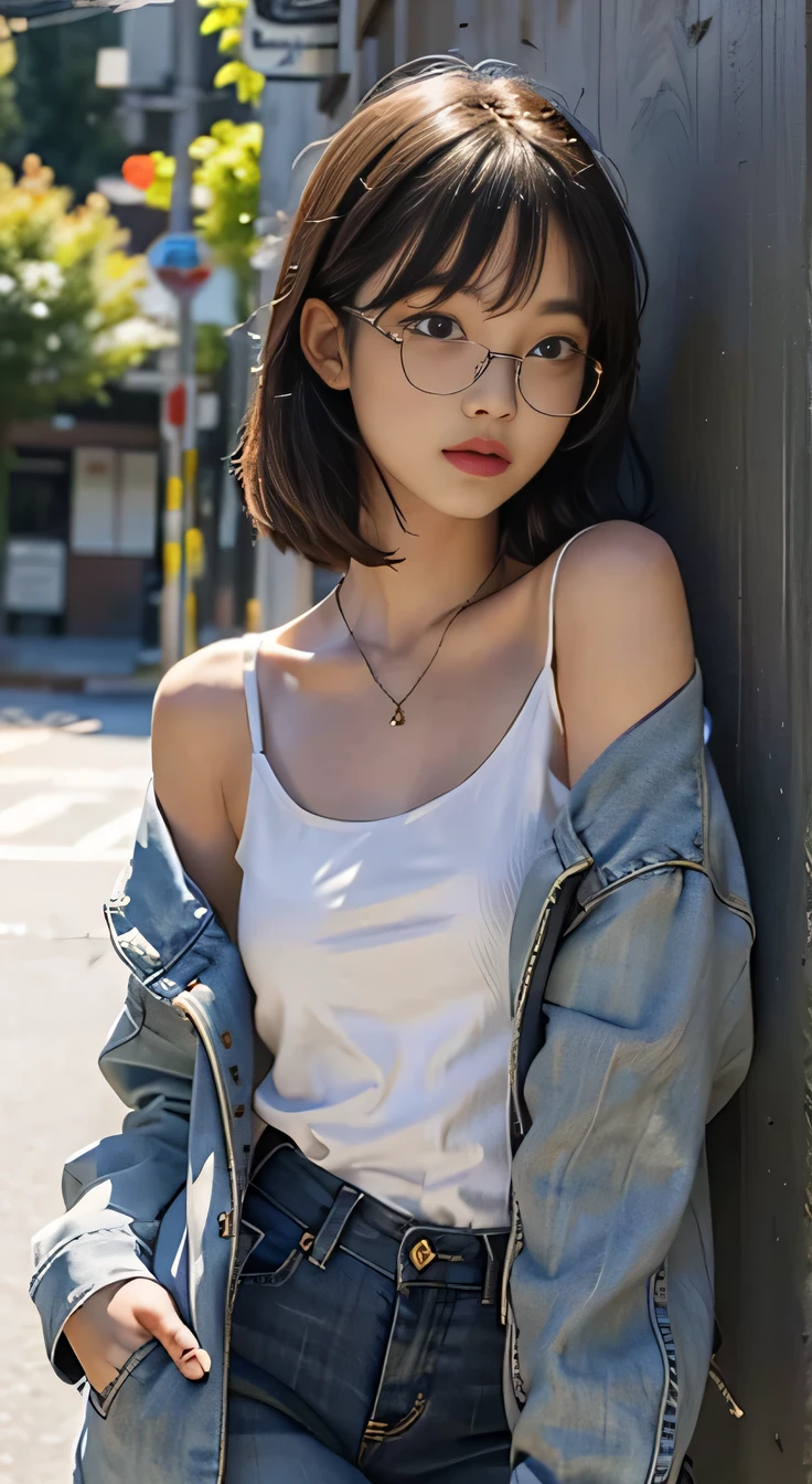 Young woman's black bangs hair, smile、Short Haircut、View the viewer, Wearing sunglasses, sexy facial expression, only, throw, 24-years-old, Bright Eyes, Pastel Art, Bare shoulders, Jacket, Lift your legs, Long Leak Jeans, High Detail Eye Makeup, necklace, Stand beside the wall, sunlight, Dynamic Light, Cute and detailed digital art, Exquisite digital, Highly detailed digital painting, CGSociety, Ultra-realistic
