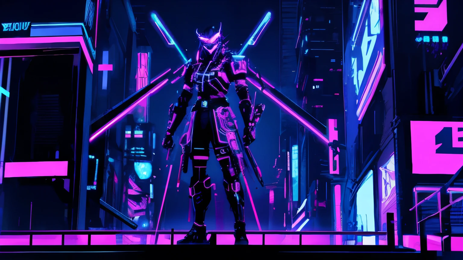 cyber punk digital art of a neon lit city with a samurai figure highlighting the contrast between traditional and futuristic 4k highly detailed digital art, 8k stunning artwork