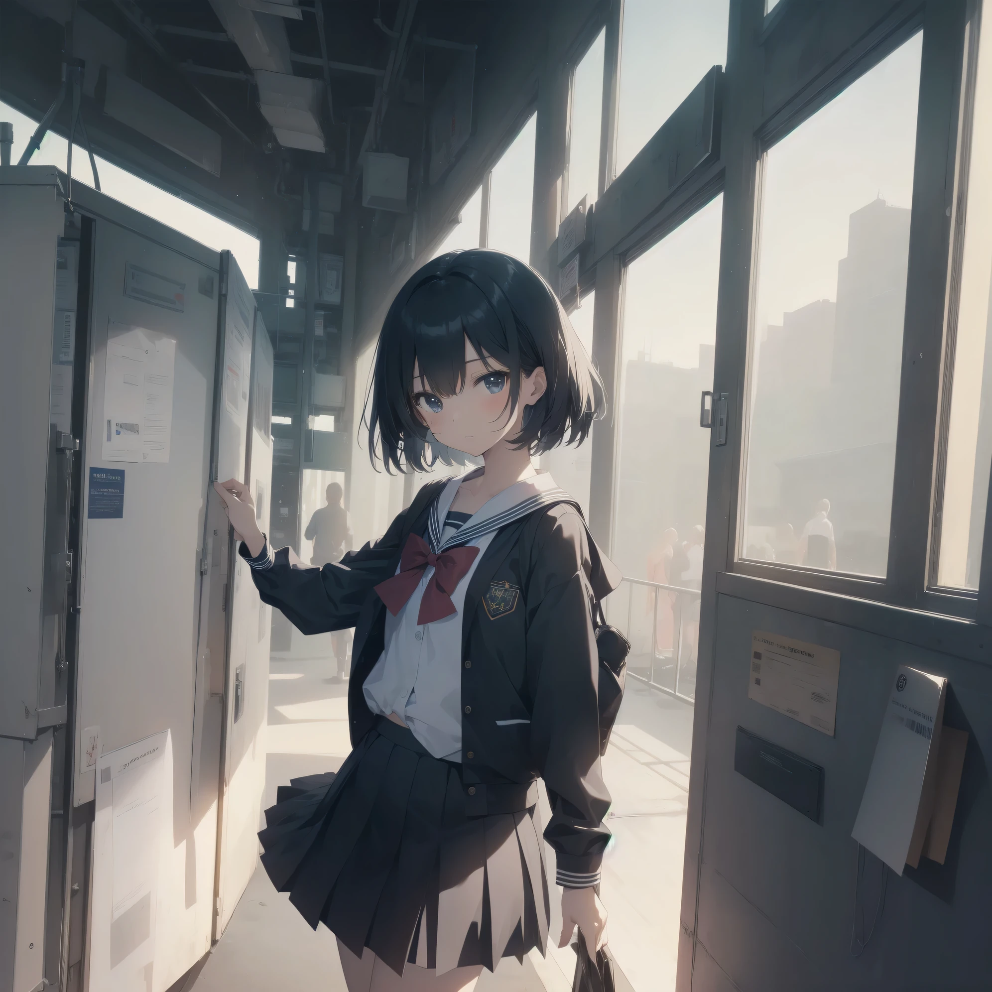 ultra-absurdres-Top quality by artist God, ultra-detailed, high resolution, anime moe artstyle, best anime 8k konachan wallpaper, pixiv contest winner, pool:2810, perfect anatomy,break, 1girl, (Please draw a girl walking sleepily to school alone. )break,(Solo,little female, 13-year-old:1.3),Full limbs, complete fingers,a junior high school student, (very short hair), short cut, flat chest, , small butt, small black eyes, beautiful detailed eyes, well-proportioned iris and pupils, expressive eyes, highres detailed hair, soft expression, salor school_uniform, sailor collar, serahuku, bow, pleated skirt,(Detailed Lighting), (Detailed background), in the School commute route. break,super detailed skin, Best cinematic lighting powered by famous artist, 8k,beauty illustration,photoshop_(medium),very aesthetic,break,((artist:nyantcha )), artist:clamp ,artist:carnelian ,artist:kantoku ,
