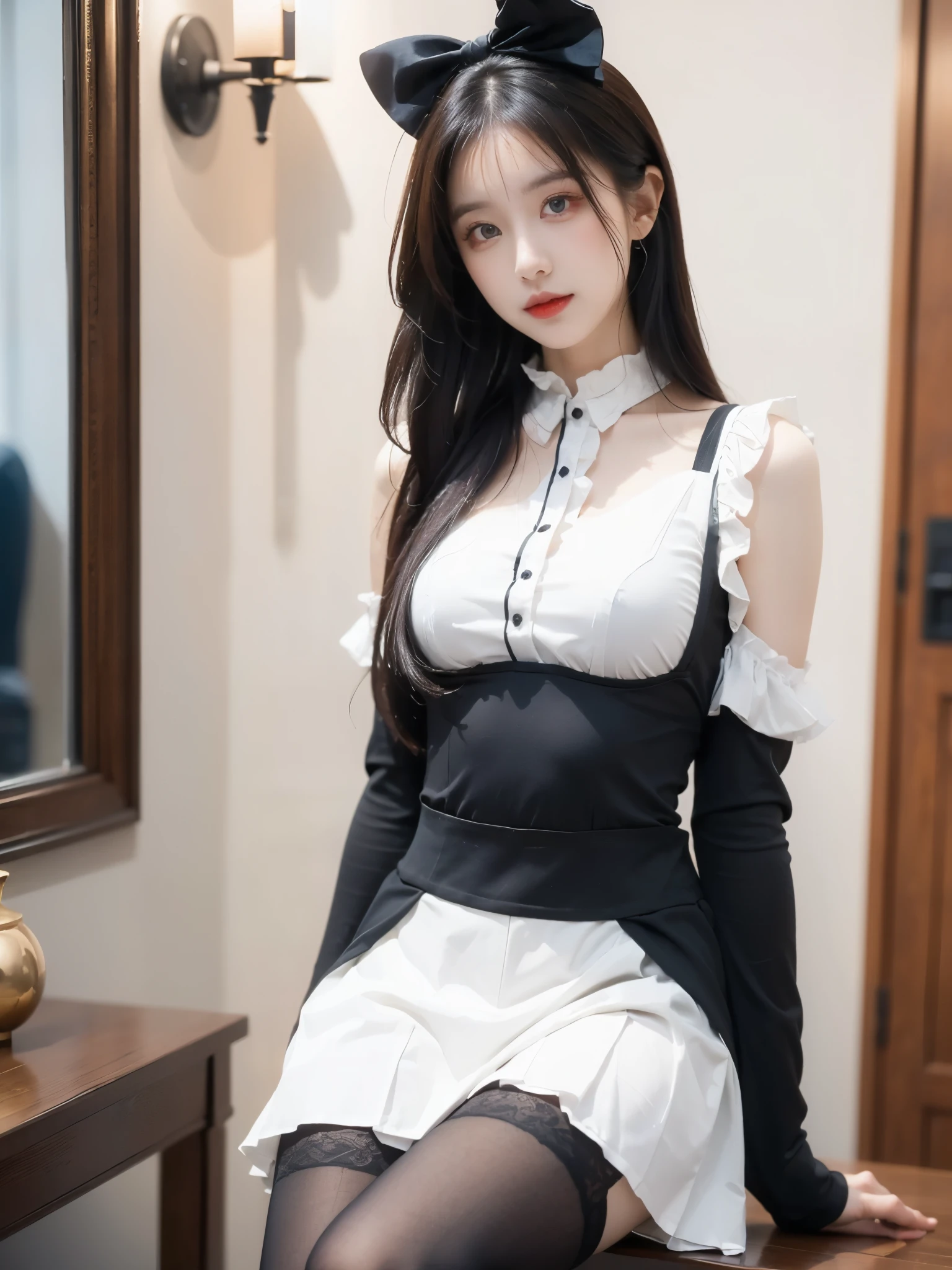 (((masterpiece))), (((highest quality: 1.4))), ((Very detailed: 1.4)) , ulzzang-6500-v1.1, (RAW Photos:1.2), (Realistic), (See through:1.3), (masterpiece), (masterpiece). (Genuine:1.4), Very detailed, Sharp focus, Tensura:Luminous Valentine、One beautiful woman, ((Beautiful shiny silver hair、Detailed face、(Heterochromia iridis:1.4, Red Eye, blue eyes,), Gothic ta Maid Clothing、Knee-high stockings、