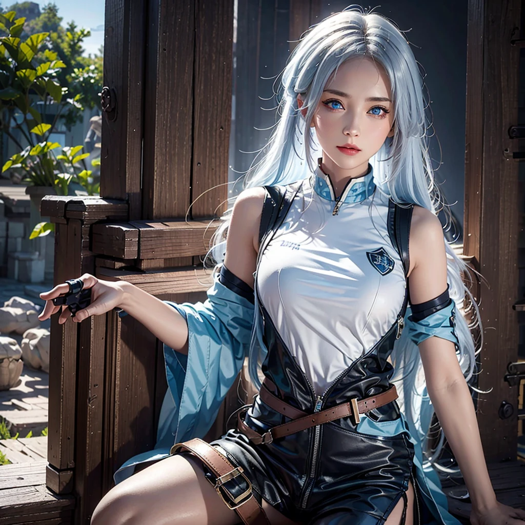 Reality, masterpiece, Reality, high resolution, Soft Light, Above the waist, blue eyes, white hair, long hair, color leather vest with gear, Technical clothing, jetpacks, seminar background, machine, gear, steam, industry, technology, furnace, dirt, Kinuta, Buttons, lever, Automata, electricity, EDM epic atmosphere