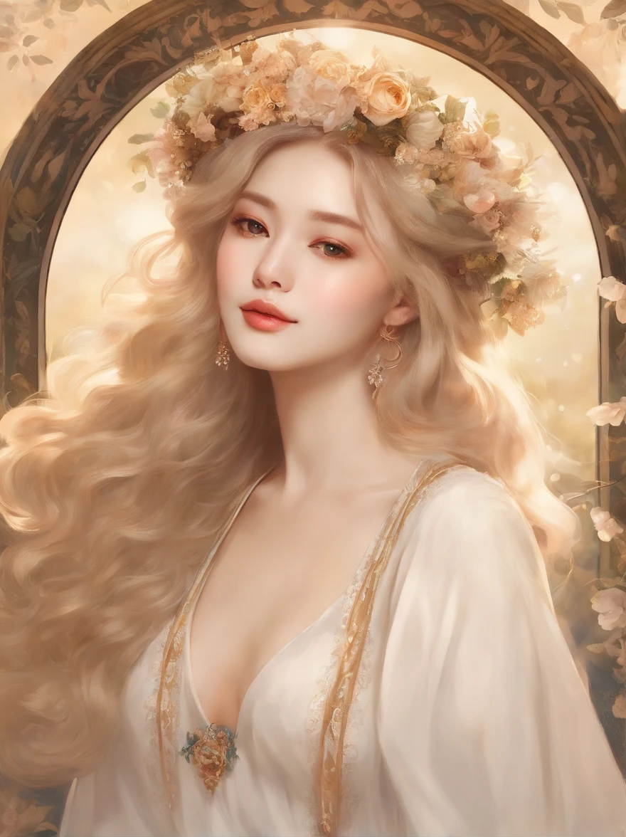 Extremely detailed and vivid watercolor paintings,Exquisite and vivid watercolor paintings,背が低いwoman,18-year-old,young,擬人化されたwoman, womanの姿, Detailed cover art, 音楽のgoddessのように, The style of Alfons Maria Mucha and Gustave Kilmut, Art Nouveau accents, Alphonse Mucha, Gustavo Klimt, 青White skin, Marble sculpture, CGSesociedade, Gothic art, New Art, Behance Contest Winner,fruitのバスケット,Wearing a flower wreath on her head,Big Wreath,smile,にっこりとsmile,happy,豊穣のgoddess,Voluptuous body,Good harvest,crop,fruit,fruitがたくさん入っているバスケット,Grab the basket,Big blue eyes,Abundantia,Gorgeous flower crown,wealth,White Dress,Sophisticated clothing,Gold-trimmed clothing,goddessの服,smile,kind,Calm,happiness,Divine Light,Earth,Flower Field,Divine,heaven,Transparency,happiness,smile,smile,Happy,White skin,Lip gloss,Realistic, 35mm, Intricate details, High resolution, Intricate details, Super detailed, Natural skin texture, Hyperrealism, sharp, 1woman (goddess:0.7) ,woman,pastel colour,Portraiture, look up,alone, Half Shot,Detailed Background,Hair swaying in the wind,Silky Hair,Cream colored hair,Shiny Hair,Blonde,Blonde Hair,Golden Hair,Westerners,Shine,Light background,noon,sun,Pop Art, (Style - Swirl Magic:0.8), Suspended particles,Dancing Light,Thin eyebrows,Thin eyebrows,Wavy Hair,瞳がShine,Childish,kind視線,like,kind光,Blonde Hair,Short sleeve,Brown Hair,Looking up,Soft clothes,慈like,mercy,affection,healing,Short sleeve,Thin and light-colored eyebrows,Western clothing,fruitの絵