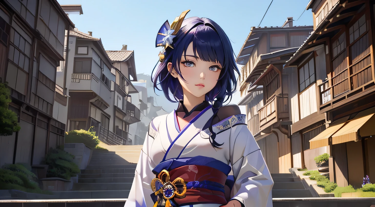 anime girl in a kimono outfit standing in front of a building, guweiz, raiden ei genshin impact, artwork in the style of guweiz, best anime 4k konachan wallpaper, raiden ei game genshin impact, from the azur lane videogame, smooth anime cg art, guweiz on artstation pixiv, short hair, serious face,