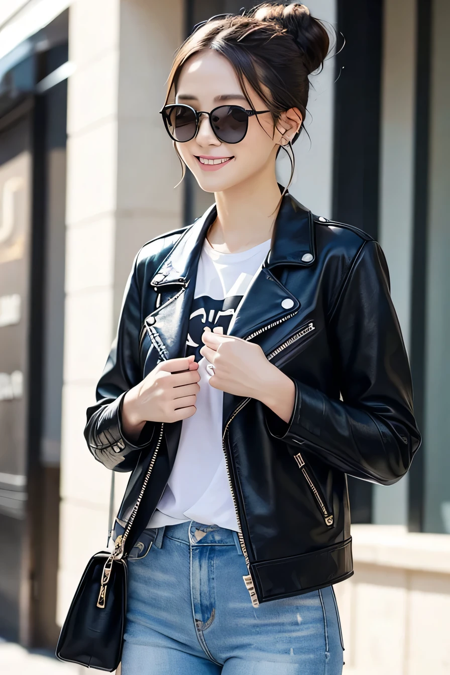 (masterpiece:1.2, highest quality), 1 female, alone, Upper Body, big , Chic and edgy leather jacket、Wear it with a classic white tee and ripped jeans..。Black Hair、With minimal makeup and a loose bun、Creates confidence and a sense of security。 (Music Festivals and Trendy Downtown District) Eye-catching sunglasses and chunky jewelry, Comes with a convenient crossbody bag Smile