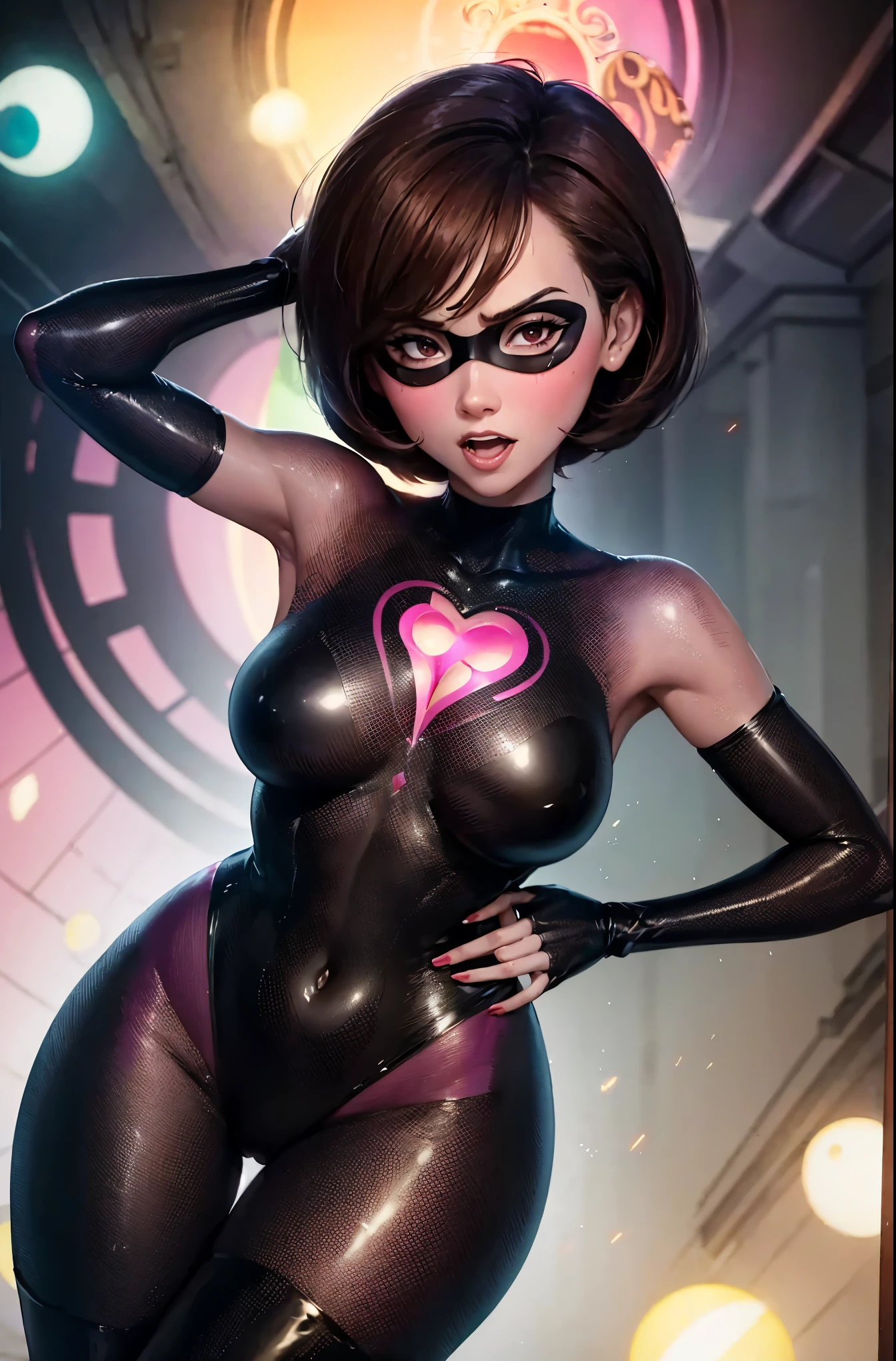 Helen parr. torogao. smile. blush, (tears:0.6), open mouth. saliva, saliva trail. Black mask. dark costume. brown hair. Transparent Bodystocking. mind control. corruption. Heart Pasties. Covered in mucus.