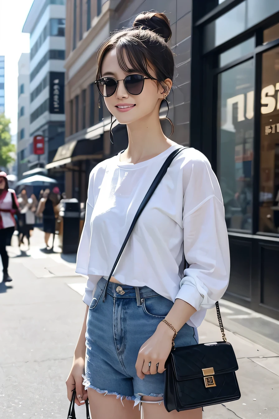 (masterpiece:1.2, highest quality), 1 female, alone, Upper Body, big , Chic and edgy leather jacket、Wear it with a classic white tee and ripped jeans..。Black Hair、With minimal makeup and a loose bun、Creates confidence and a sense of security。 (Music Festivals and Trendy Downtown District) Eye-catching sunglasses and chunky jewelry, Comes with a convenient crossbody bag Smile