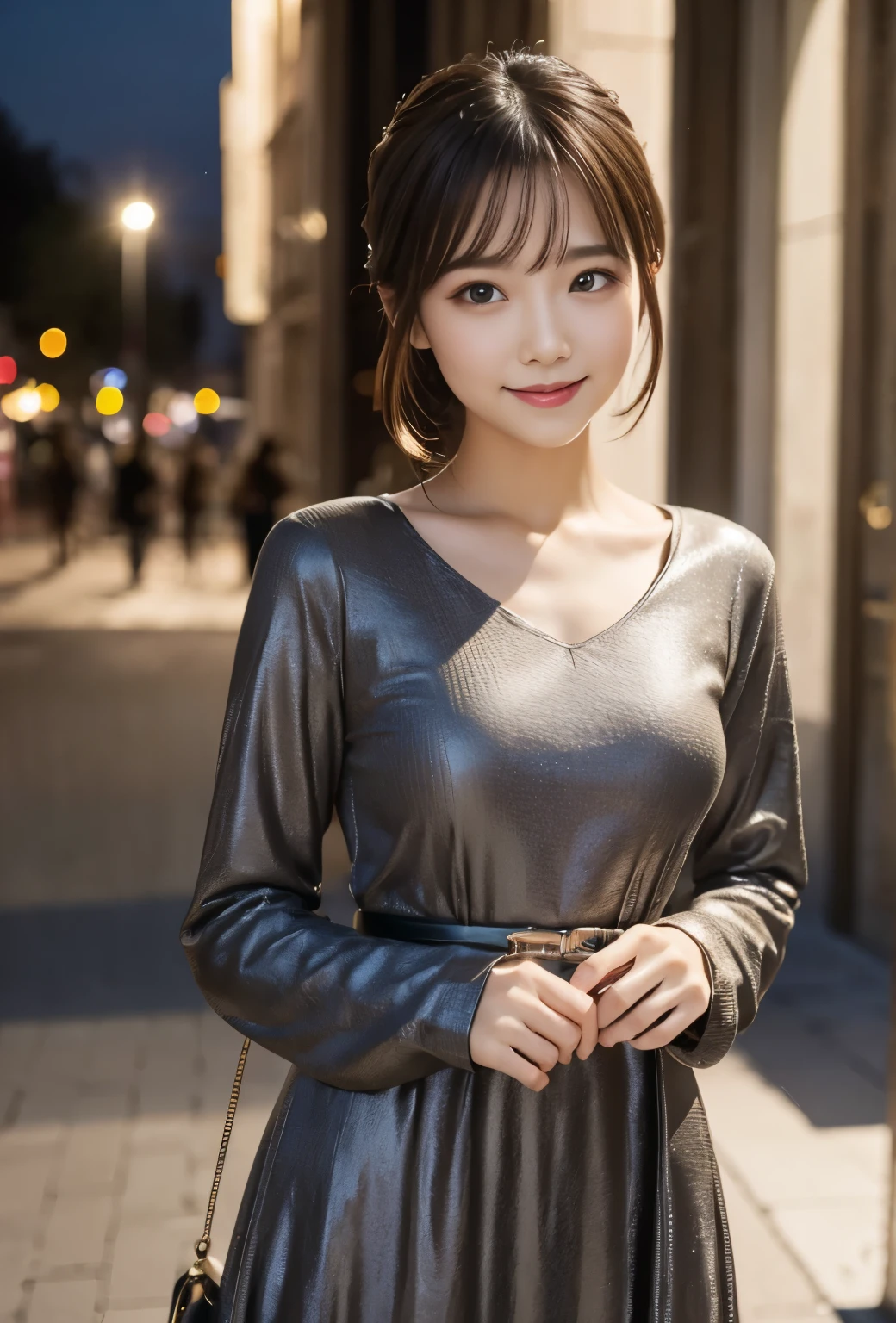 (masterpiece, best quality:1.1), (8k, raw photo, photo realistic:1.2, f22), (shiny skin), detailed skin,chignon,ribbon,detailed face, detailed eyes,smile,BREAK, real world, intricate details, smil, BREAK, 1girl, full body,(long sleeve,dress,check pattern),BREAK, (evening:1.4)