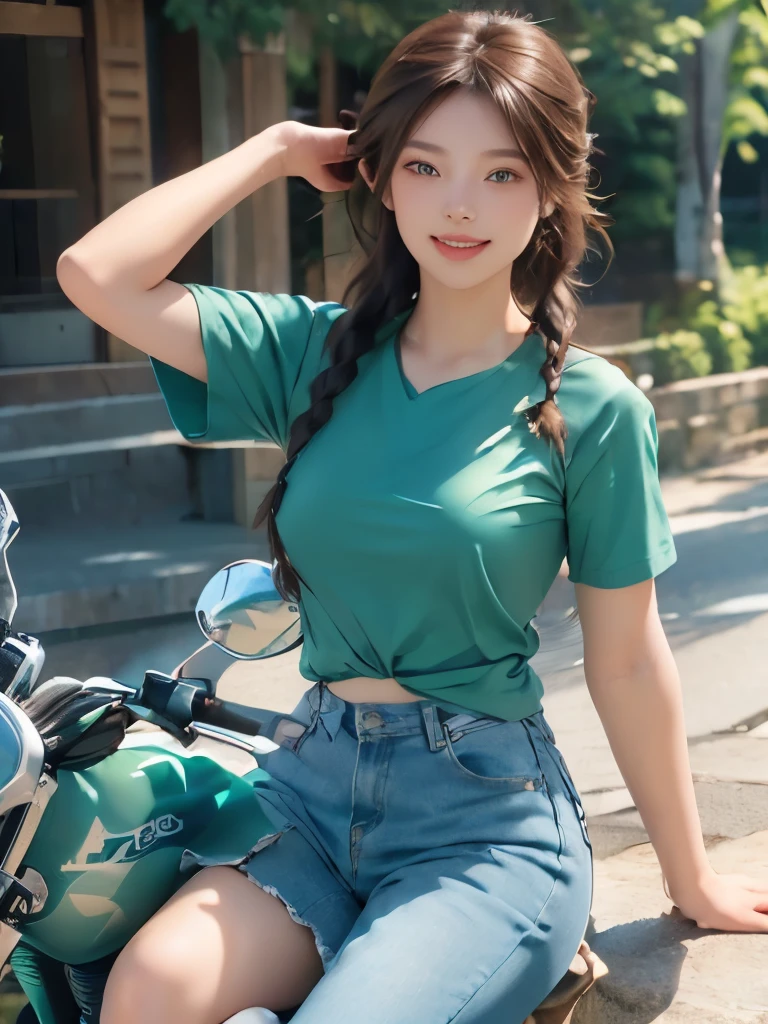 (masterpiece:1.3), (8k, Realistic, RAW Photos, highest quality:1.4), (Realistic face), (Brown Hair, Single braided hair:1.3), Beautiful Hairstyles, Realistic eyes, Beautiful little blue eyes, (Realistic skin), (Beautiful Skin), (((Riding a motorcycle outdoors))), charm, Ultra-high resolution, Golden Ratio, Long limbs、((smile)), ((Full Body Shot)), ((((Green short sleeve T-shirt))))、((Jeans and sneakers))