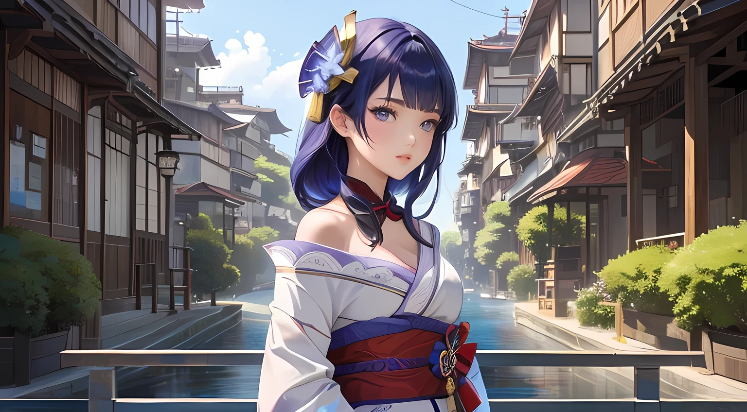 anime girl in a kimono outfit standing in front of a building, guweiz, raiden ei genshin impact, artwork in the style of guweiz, best anime 4k konachan wallpaper, raiden ei game genshin impact, from the azur lane videogame, smooth anime cg art, guweiz on artstation pixiv, short hair, serious face,