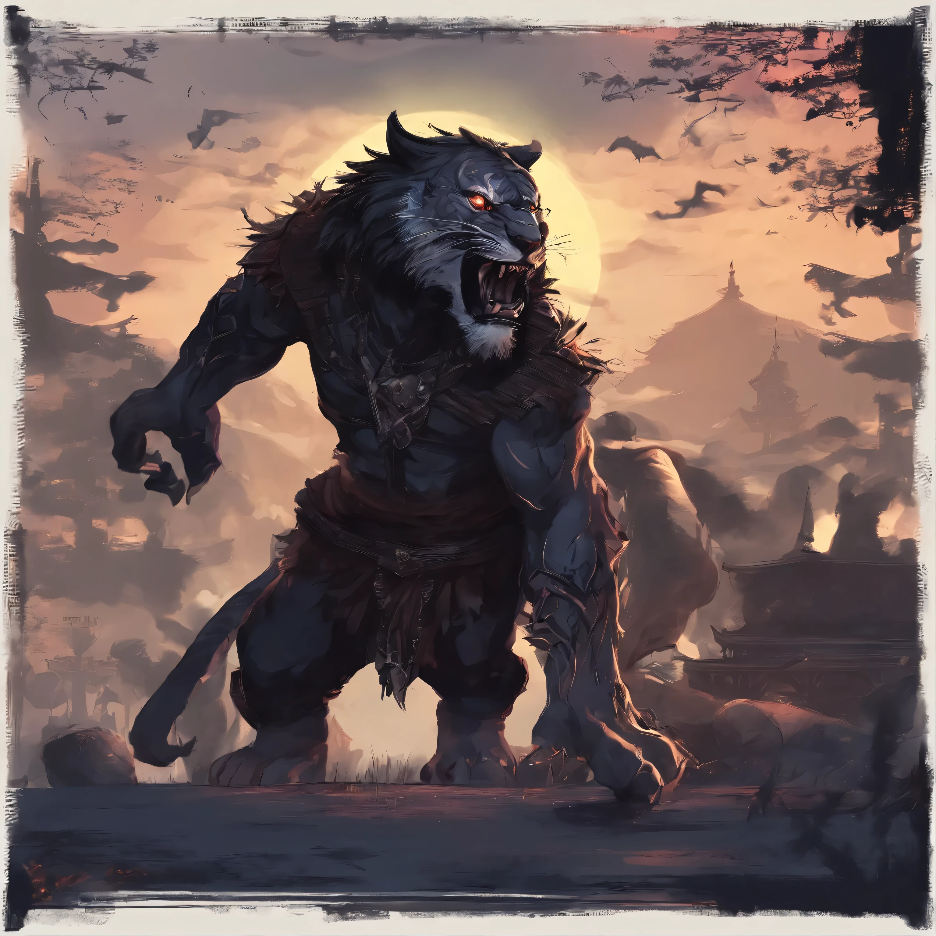 Dark flame style,lifelike,("cg,""doll")_,Dark Keeper,"Tiger demon","Western style",Western Mythology,Roar,ferocious,huge,Full body front view,The scene is,Takayama,night,Medium scene,