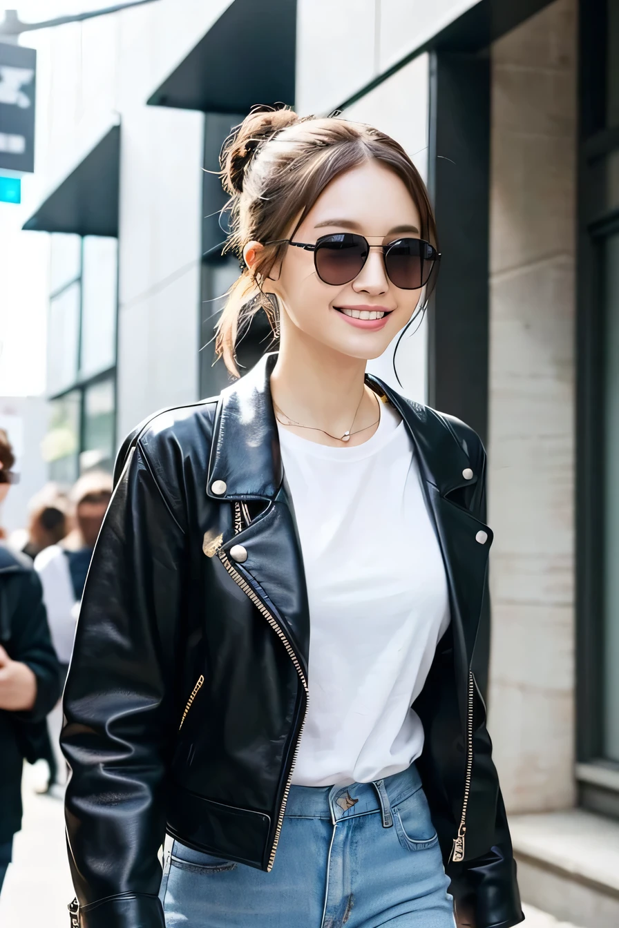 masterpiece:1.2, highest quality), 1 female, alone, Upper Body, big , Chic and edgy leather jacket、Wear it with a classic white tee and ripped jeans..。Black Hair、With minimal makeup and a loose bun、Creates confidence and a sense of security。 (Music Festivals and Trendy Downtown District) Eye-catching sunglasses and chunky jewelry, Comes with a convenient crossbody bag Smile