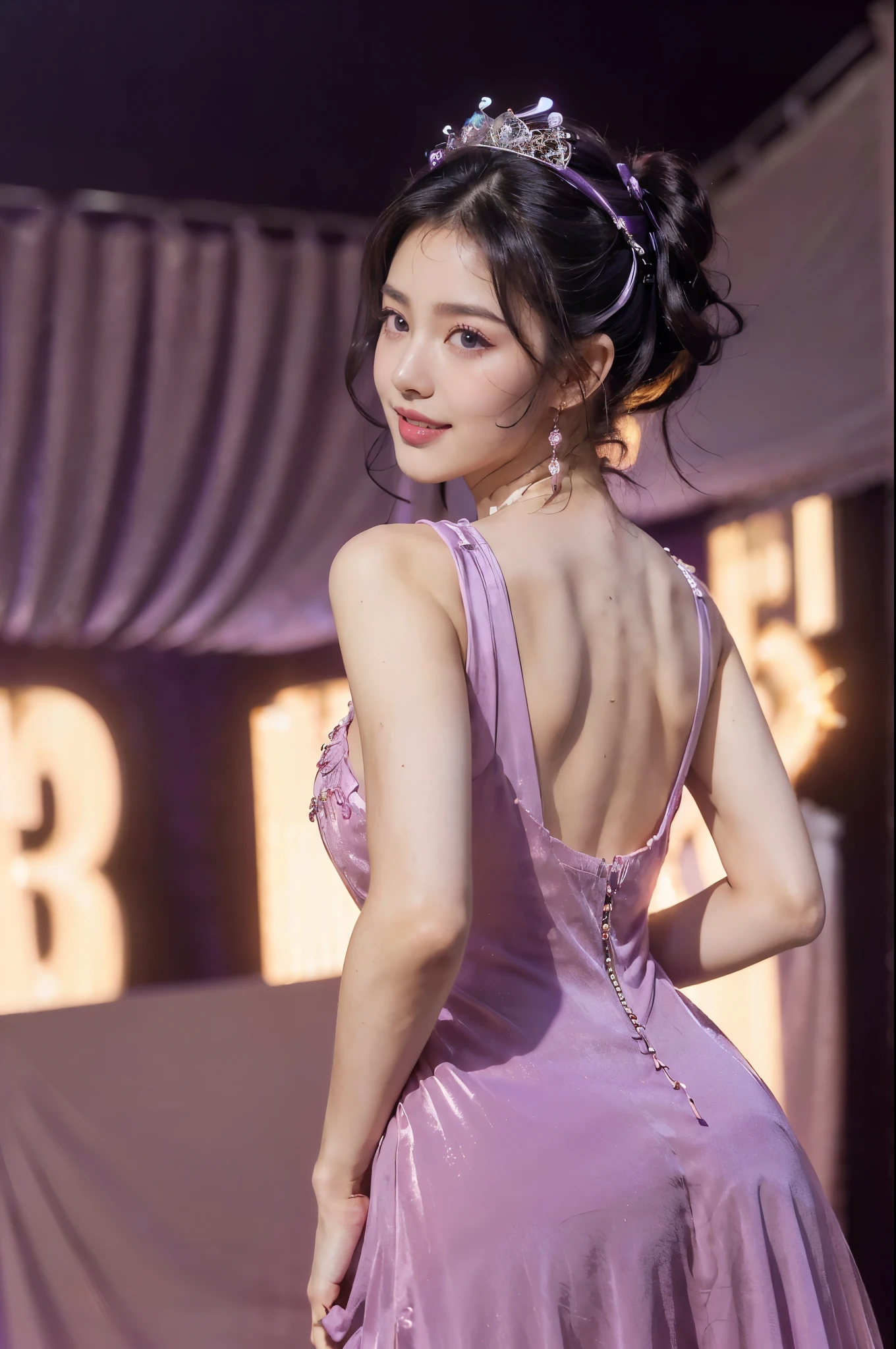 (Extremely meticulous CG),(((8k))),wallpaper,(Portrait above the chest:1.3),((Extremely refined and beautiful)),(((Masterpiece))),(((best qualtiy))),(((Ultra High Resolution))),beautiful light up,realistic shaded,(Smooth and flawless fair skin:1.5),(Extremely exquisite facial details:1.2),(ultra-detailed:1.5),((a beautiful girl,solo)),(Japanese age idol:1.3),(princess crown:1.3),(short ponytail:1.2),(bangs:1.3),(small head:1.2),(slender face:1.2),(Exquisite makeup:1.3),(smiling:1.2),(laughing:1.2),(blush:1.5),(perfect body:1.1),(collar:1.2),(Maxi dazzling purple Loline-piece dress:1.5),((slim,thin)),(bare back:1.3),(towering hips:1.3),(butt crack:1.3),(from back:1.3),(standing:1.3),(In the gorgeous theater:1.3),(on the stage:1.5),(lively atmosphere:1.3),(indoor:1.3),(colorful neon lights:1.3),(Cyberpunk style:1.3),(detailed background:1.5),(night scene:1.5),(upper body:1.3),