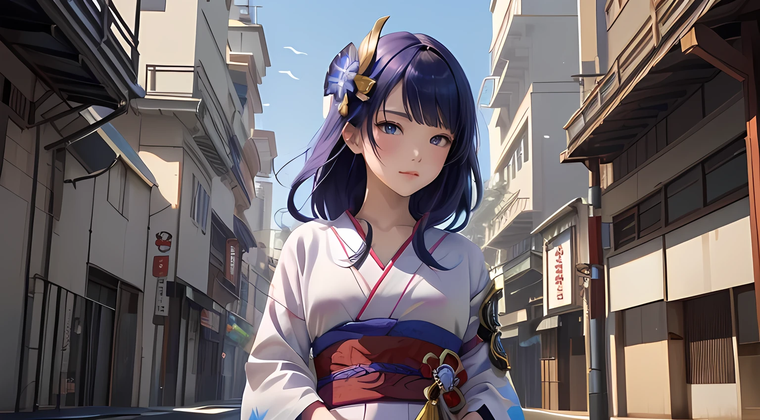 anime girl in a kimono outfit standing in front of a building, guweiz, raiden ei genshin impact, artwork in the style of guweiz, best anime 4k konachan wallpaper, raiden ei game genshin impact, from the azur lane videogame, smooth anime cg art, guweiz on artstation pixiv, short hair, serious face,