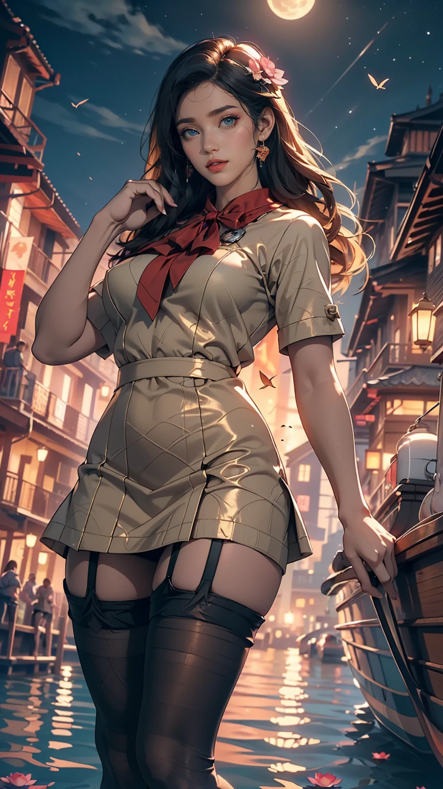 (high quality, 8k, original character), (fact: 1.5), (masterpiece, 最high quality, High resolution: 1.2), girl, summer night, (Stockings Smooth texture: 1.5), Sexy Skirt, Delicate eyes, Delicate image, boat, river, To the camera, Behind her is a large lotus flower., moonlight, Wind, fire Fly