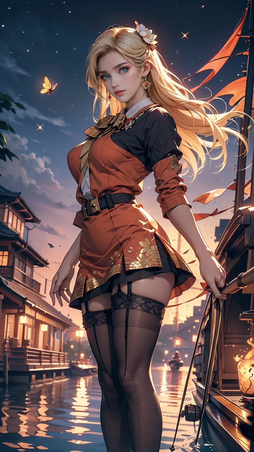 (high quality, 8k, original character), (fact: 1.5), (masterpiece, 最high quality, High resolution: 1.2), girl, summer night, (Stockings Smooth texture: 1.5), Sexy Skirt, Delicate eyes, Delicate image, boat, river, To the camera, Behind her is a large lotus flower., moonlight, Wind, fire Fly