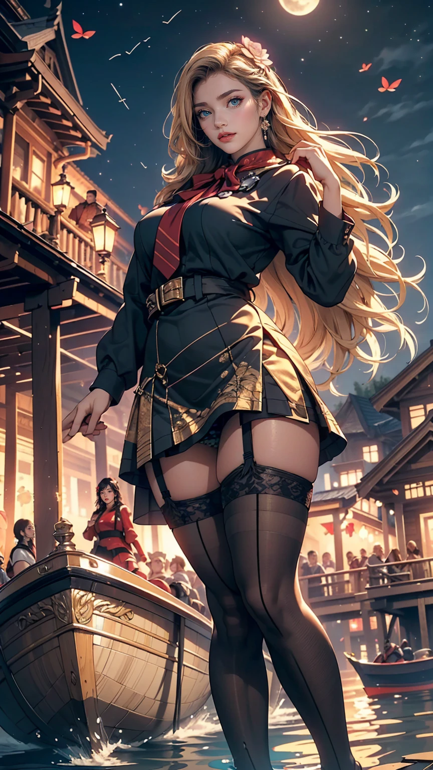 (high quality, 8k, original character), (fact: 1.5), (masterpiece, 最high quality, High resolution: 1.2), girl, summer night, (Stockings Smooth texture: 1.5), Sexy Skirt, Delicate eyes, Delicate image, boat, river, To the camera, Behind her is a large lotus flower., moonlight, Wind, fire Fly