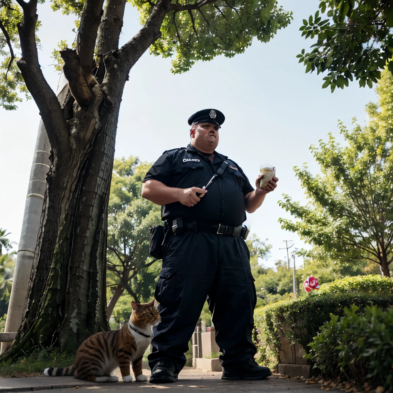 a fat policeman with a donut in his hands climbs a tree to get a cat, There is a man standing below - the owner of the cat - holding a dosage in his hand and worried about the cat