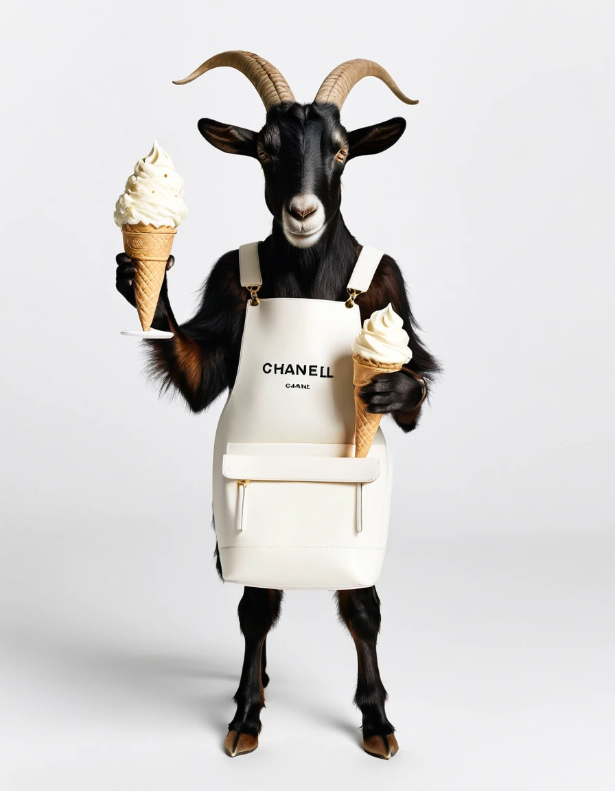 a mascot goat exuding style and whimsy, holding a bucket of ice cream delicately between its hooves. The goat is dressed in a chic Chanel dress, adding a touch of luxury and sophistication to the playful scene. Against a crisp white background, the contrast between the goat's casual interaction with the ice cream and its elegant attire creates a visually intriguing and charming image that blends fashion, humor, and unexpected elements in a delightful composition.Xill