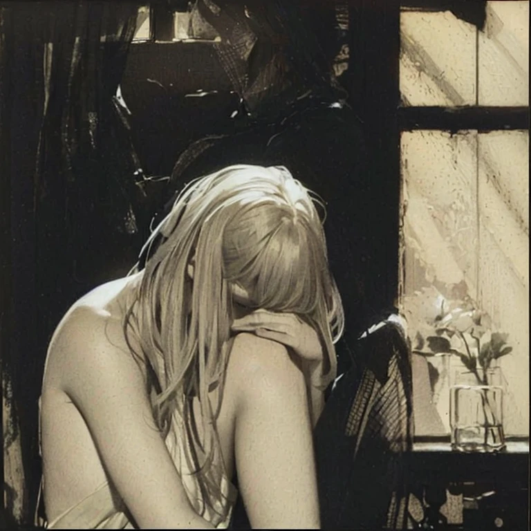 Drawing of a woman, sitting in front of the window, resting his head on his hands, Hans Ernie, jeffrey jones, Eddie Campbell, Liepke, by Romain Brooks, Carl Critchlow. capricious, by Sándor Bortnyik, Young woman, sad scene, João Rua, Portrait of the Sorrowful, Andrew Robinson