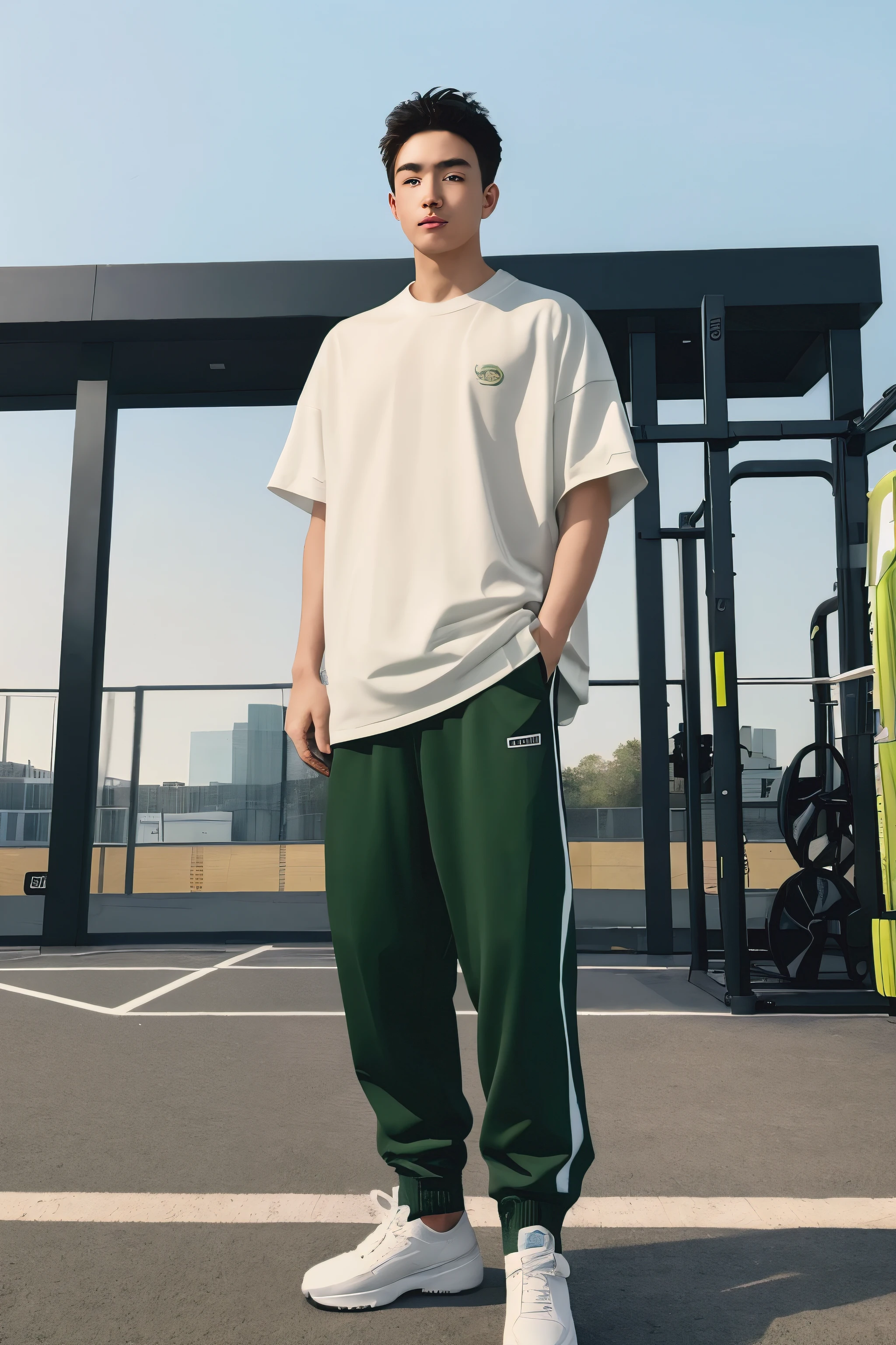 A Beijing young man in a oversize "green t shirt", black Jogger trousers, and sneakers stands against a gym center background, full body, Height is 1 cm,