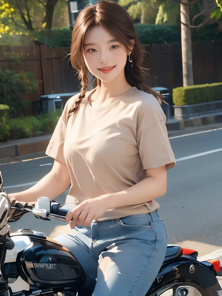 (masterpiece:1.3), (8k, Realistic, RAW Photos, highest quality:1.4), (Realistic face), (Brown Hair, Single braided hair:1.3), Beautiful Hairstyles, Realistic eyes, Beautiful little blue eyes, (Realistic skin), (Beautiful Skin), (((Riding a motorcycle outdoors))), charm, Ultra-high resolution, Golden Ratio, Long limbs、((smile)), ((Full Body Shot)), ((((Brown short-sleeved T-shirt))))、((Jeans and sneakers))