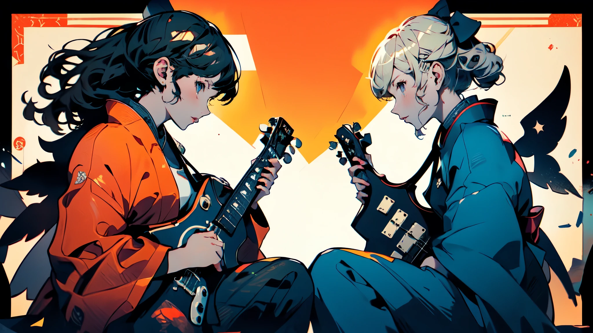 ((full shot)) ((guitar)) ((shamisen)) ((two angels in kimono facing each other)), ((two people looking at each other)) (profile) playing guitar and shamisen respectively, ((they each have 10 meter large wings)), fantastic and mysterious light.