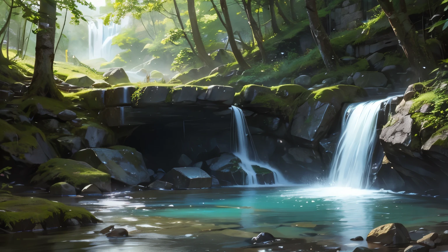 A fantasy clearing with a small waterfall and rock to go under it