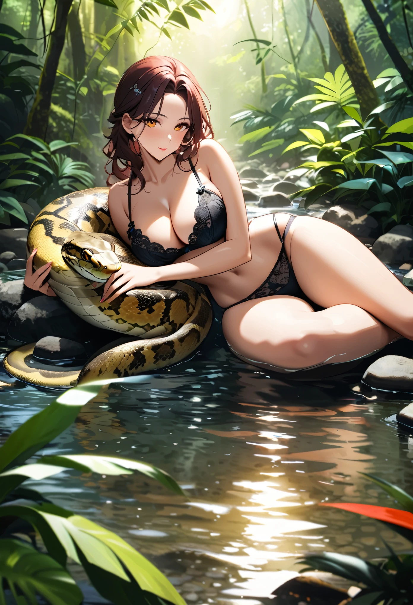 This photo depicts a woman cuddling up with a python，Woman wearing lace lingerie，They sat on the pebbles in the stream，Showing off your charm in the tropical rainforest，Her cleavage and beautiful figure are breathtaking，The python was wrapped around her，Smooth and moist against the woman&#39;s skin，The whole image is both real and beautiful，A masterpiece among masterpieces，Ray tracing done right，The thin mist makes the atmosphere more erotic