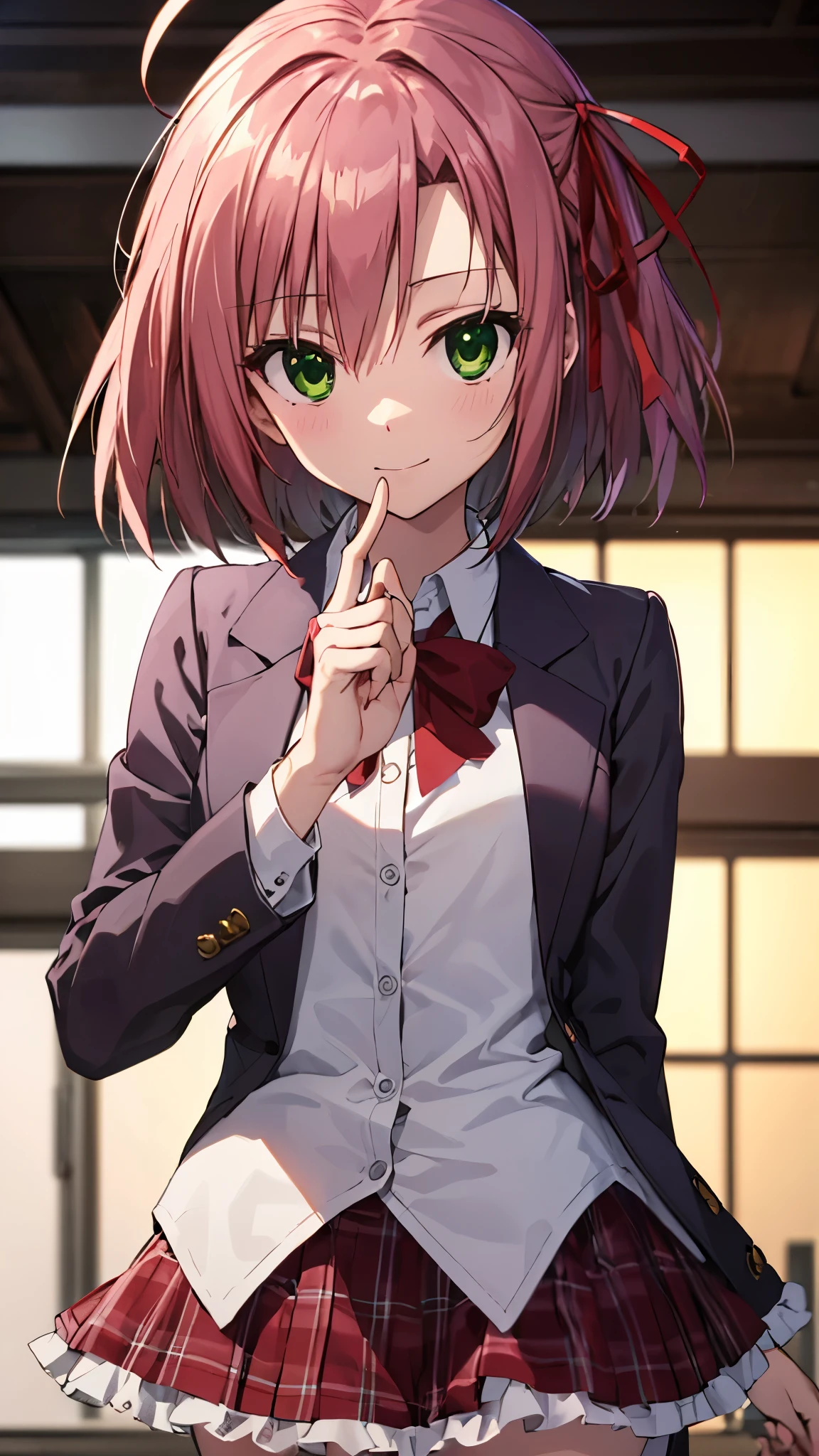 kurimu sakurano, short hair, ribbon, (green eyes:1.3), hair ribbon, pink hair, ahoge,
skirt, plaid, plaid skirt, shirt, white shirt, collared shirt, jacket, long sleeves, (upper body:1.1),dynamic angle,white panty,panty shot, seductive smile,masterpiece,Noise Reduction,perfect anatomy,high resolution, ultra-detailed,game cg,dutch angle ,beautiful detailed eyes,visualart,five fingers, perfect hands, perfect lighting,