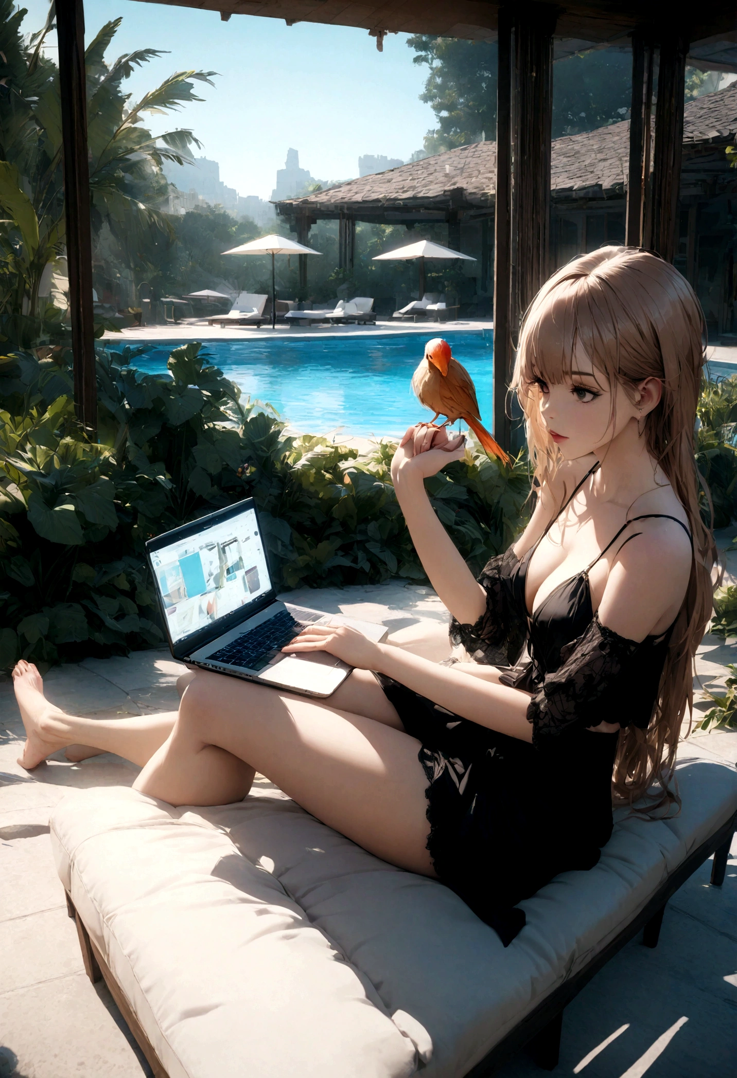 a beautiful girl by the pool in a luxurious location with a laptop next to her and a cockail in her hand