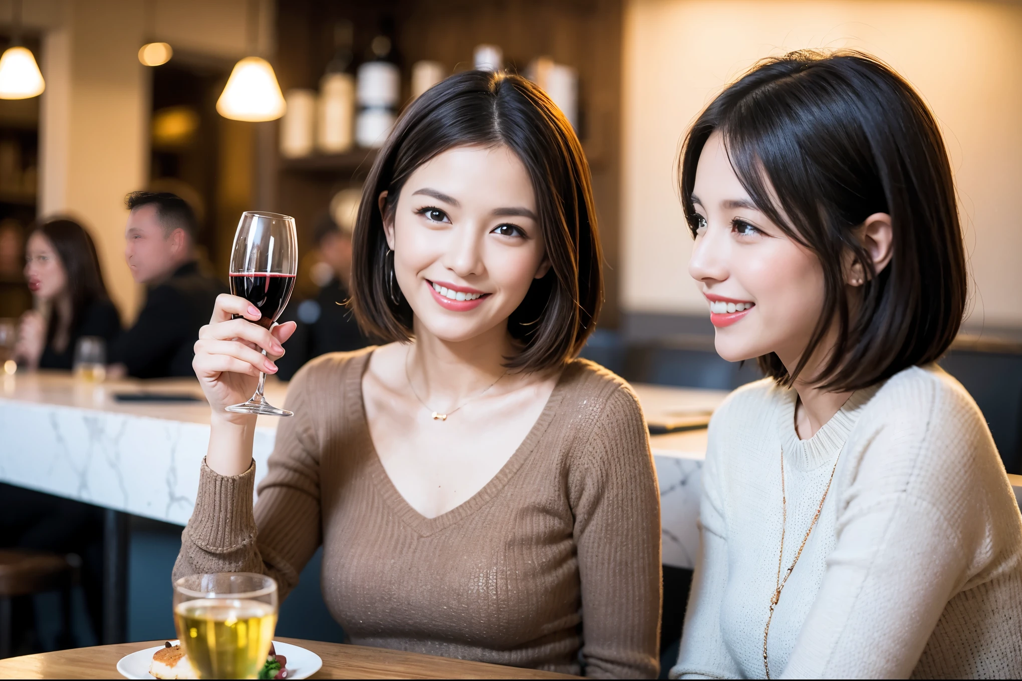 ((highest quality、8k、masterpiece:1.3))、1 male、1 female、Couple、Spouse、石原さとみ似美女Couple、The body is slim、((Bob Hale、Straight hair:1.2)), (Realistic, Intricate details:1.2), テーブルの上のwine glass、Shine light on your face、 Amazing view of the sunset sky and clouds、Amazing mountain views、A bright smile、The wonderfulness of smile、Bright image、The beauty of wine, Beautiful Face, blue eyes, The light shines on your face, Blushing, short hair,Bright Face、 (Age 35), 39 years old, red wine 、Appetizers、Italian food、Wine bottle、Champagne、sparkling wine、Two beauties、Brown Hair、Shortcuts、Long sleeve shirt、dress、Pretty Woman 1, (slimな顔), (The body is slim), (Brown Hair), (Shortcuts), cheeks turn a little red,Attractive beauty、restaurant, In a prominent place (From the waist up) Nova Frog Style, actress, model, Upper Body, White wine, slim, wine glass, 中央に置かれたwine glass, smile, (smile: 1.15), Beautiful fine grain, Depth f/2,saturation, High Contrast, Strong light and shadow,Moist Body:1.5、3D texture、Delicate eyes、Brown Hair、The hair is very shiny、